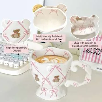 Adorable Kawaii Ceramic Mug with Bow and Bear Design
