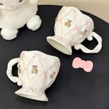 Adorable Kawaii Ceramic Mug with Bow and Bear Design