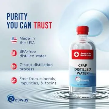 Resway American Red Cross Distilled Water | Travel Bottles for Resmed, Respironics Machines, Personal Humidifier | Medical Supplies for Vacation | Travel-Friendly, Clean | 12oz H2O (12 Pack)