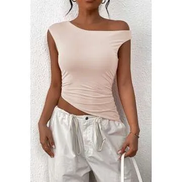 PRETTYGARDEN Womens 2025 Summer Off The Shoulder Crop Tops Sleeveless One Shoulder Ruched Asymmetrical Y2K Going Out Tank Top (Beige,Large)