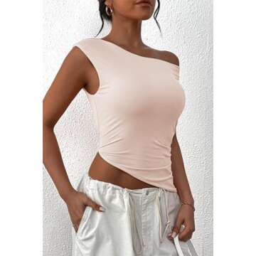 PRETTYGARDEN Womens 2025 Summer Off The Shoulder Crop Tops Sleeveless One Shoulder Ruched Asymmetrical Y2K Going Out Tank Top (Beige,Large)