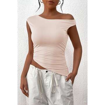 PRETTYGARDEN Womens 2025 Summer Off The Shoulder Crop Tops Sleeveless One Shoulder Ruched Asymmetrical Y2K Going Out Tank Top (Beige,Large)
