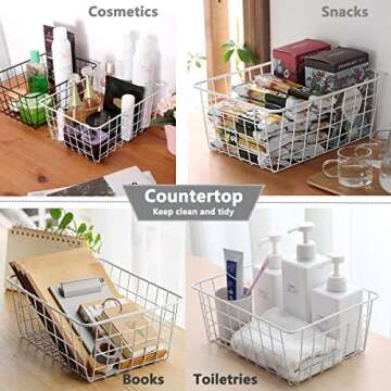 LOSYHU 4 Pack White Wire Baskets for Organizing Office Wire Storage Baskets Wire Baskets White Metal Storage Baskets for Pantry Kitchen Bins Freezer