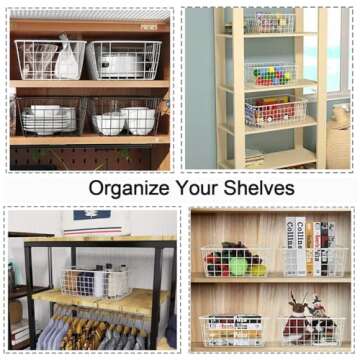 LOSYHU 4 Pack White Wire Baskets for Organizing Office Wire Storage Baskets Wire Baskets White Metal Storage Baskets for Pantry Kitchen Bins Freezer