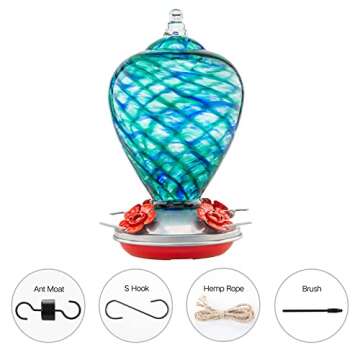 LaElvish Garden Hummingbird Feeders, 34OZ Hand Blown Glass Hummingbird Feeder for Outdoors Hanging w...