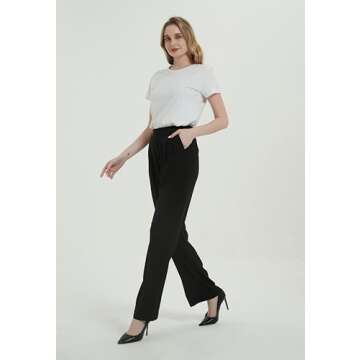 Tronjori Women High Waist Casual Straight Leg Long Business Work Suit Dress Pants Wide Leg Trousers Regular Waistband(8, Black)