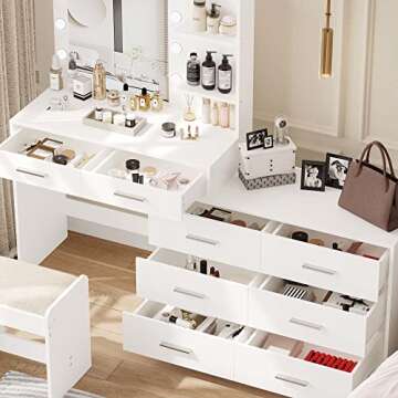 Rovaurx 65" Vanity Desk with Lighted Mirror and Lights, 8 Drawers Makeup Vanity Table with Storage S...