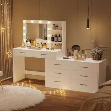 Rovaurx 65" Vanity Desk with Lighted Mirror and Lights, 8 Drawers Makeup Vanity Table with Storage Shelf, Modern Vanity with Mirror, Dressing Table for Bedroom, Adjustable Width, White RSZT109W