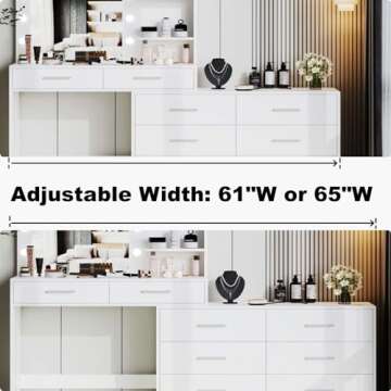 Rovaurx 65" Vanity Desk with Lighted Mirror and Lights, 8 Drawers Makeup Vanity Table with Storage Shelf, Modern Vanity with Mirror, Dressing Table for Bedroom, Adjustable Width, White RSZT109W