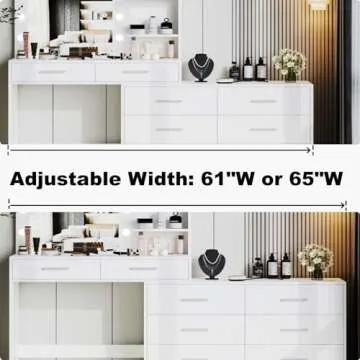 Rovaurx 65" Vanity Desk with Lighted Mirror and Lights, 8 Drawers Makeup Vanity Table with Storage Shelf, Modern Vanity with Mirror, Dressing Table for Bedroom, Adjustable Width, White RSZT109W