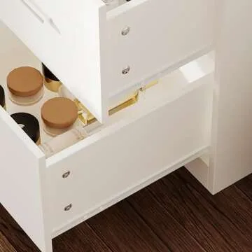 Rovaurx 65" Vanity Desk with Lighted Mirror and Lights, 8 Drawers Makeup Vanity Table with Storage Shelf, Modern Vanity with Mirror, Dressing Table for Bedroom, Adjustable Width, White RSZT109W