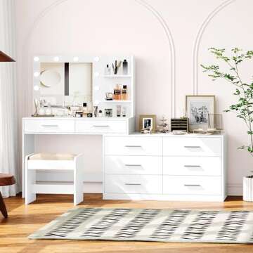 Rovaurx 65" Vanity Desk with Lighted Mirror and Lights, 8 Drawers Makeup Vanity Table with Storage Shelf, Modern Vanity with Mirror, Dressing Table for Bedroom, Adjustable Width, White RSZT109W