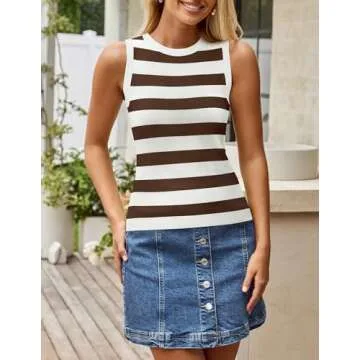 ZESICA Women's Summer Knit Striped Tank Tops Trendy Crewneck Sleeveless Shirts