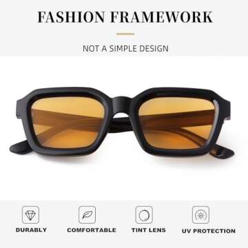 ADE WU Trendy Square Sunglasses for Women Men, Fashion Cool Unisex Stylish Sun Glasses Black Frame Orange Tinted Lense