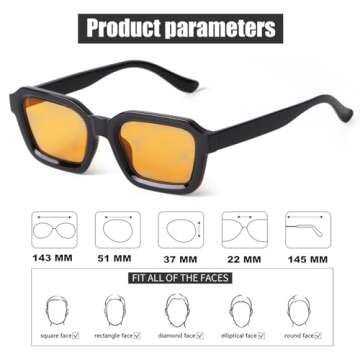 ADE WU Trendy Square Sunglasses for Women Men, Fashion Cool Unisex Stylish Sun Glasses Black Frame Orange Tinted Lense
