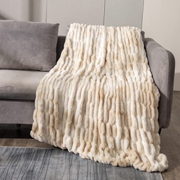 Faux Fur Throw Blanket Beige 50'' x 65'' - Soft Ruched Fuzzy Blankets for Couch, Luxurious Cozy Warm...