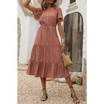 PRETTYGARDEN Women's Floral Boho Dress Casual Short Sleeve V Neck Ruffle Tiered Summer Swing Maxi Dr...