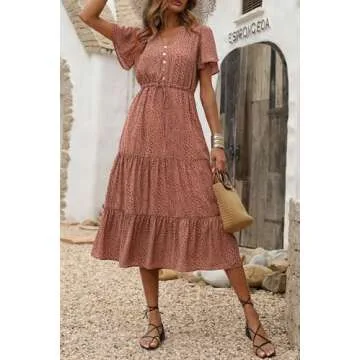 PRETTYGARDEN Women's Floral Boho Dress Casual Short Sleeve V Neck Ruffle Tiered Summer Swing Maxi Dr...