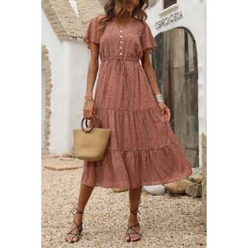 PRETTYGARDEN Women's Floral Boho Dress Casual Short Sleeve V Neck Ruffle Tiered Summer Swing Maxi Dresses(Brick Red,Medium)