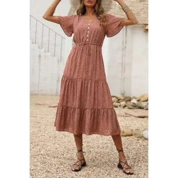 PRETTYGARDEN Women's Floral Boho Dress Casual Short Sleeve V Neck Ruffle Tiered Summer Swing Maxi Dresses(Brick Red,Medium)