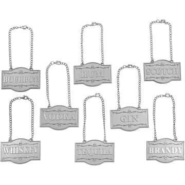 Amlong Plus Deluxe Set of Liquor Tags for Bottles or Decanters, Silver Color, Set of 8 With Adjustab...