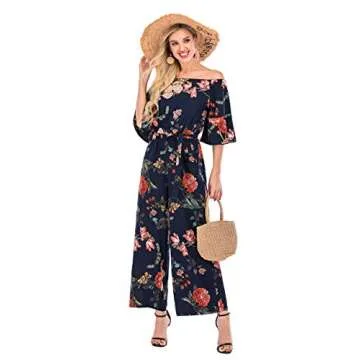 Love Welove Fashion Jumpsuits for Women, Floral Off Shoulder Ruffled Short Sleeve High Waist Wide Le...