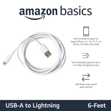 Amazon Basics 2-Pack Fast Charging USB-A to Lightning ABS Durable Charger Cable, MFi Certified for Apple iPhone Charging, iPhone 14 13 12 11 X Xs Pro, Pro Max, Plus, iPad, 6 Foot Length, White