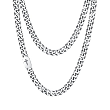VNOX Silver Cross Necklace for Men - Solid Mens Cross Cuban Link Chain Necklaces Stainless Steel Sil...