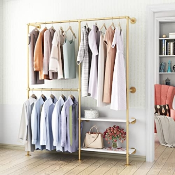 IronJiaZu Gold Pipe Clothes Racks with White Shelves, Industrial Pipe Gold Clothing Rack with Double...