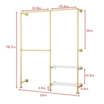 IronJiaZu Gold Pipe Clothes Racks with White Shelves, Industrial Pipe Gold Clothing Rack with Double Hanging Rods, Heavy Duty Wall Mounted Clothing Rack Rod for Closet Storage, Bedroom