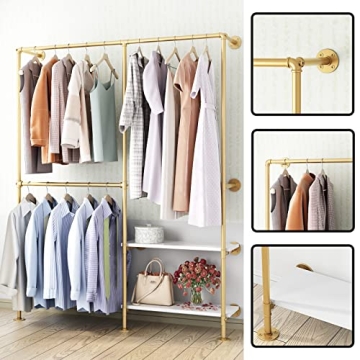 IronJiaZu Gold Pipe Clothes Racks with White Shelves, Industrial Pipe Gold Clothing Rack with Double Hanging Rods, Heavy Duty Wall Mounted Clothing Rack Rod for Closet Storage, Bedroom