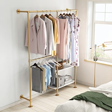 IronJiaZu Gold Pipe Clothes Racks with White Shelves, Industrial Pipe Gold Clothing Rack with Double Hanging Rods, Heavy Duty Wall Mounted Clothing Rack Rod for Closet Storage, Bedroom