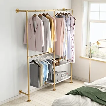IronJiaZu Gold Pipe Clothes Racks with White Shelves, Industrial Pipe Gold Clothing Rack with Double Hanging Rods, Heavy Duty Wall Mounted Clothing Rack Rod for Closet Storage, Bedroom