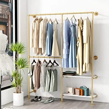 IronJiaZu Gold Pipe Clothes Racks with White Shelves, Industrial Pipe Gold Clothing Rack with Double Hanging Rods, Heavy Duty Wall Mounted Clothing Rack Rod for Closet Storage, Bedroom