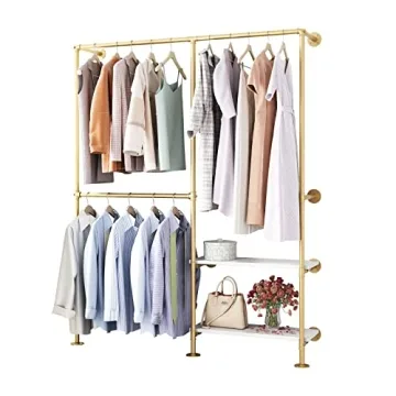 IronJiaZu Gold Pipe Clothes Racks with White Shelves, Industrial Pipe Gold Clothing Rack with Double Hanging Rods, Heavy Duty Wall Mounted Clothing Rack Rod for Closet Storage, Bedroom