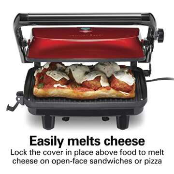 Hamilton Beach Panini Press Sandwich Maker & Electric Indoor Grill with Locking Lid, Opens 180 Degrees for any Thickness for Quesadillas, Burgers & More, Nonstick 8" x 10" Grids, Red (25462Z)