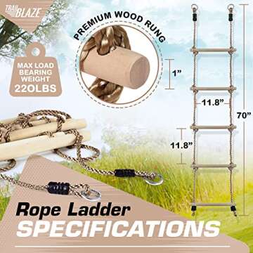 Wooden Rope Ladder for Kids - Playset Ladder for Ninja Warrior Obstacle Course Accessories | Rope Ladder for Treehouse Swing Set Bunk Bed | Playground Ninja Obstacles Swing Hanging Ladder