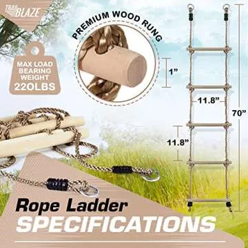 Wooden Rope Ladder for Kids - Playset Ladder for Ninja Warrior Obstacle Course Accessories | Rope Ladder for Treehouse Swing Set Bunk Bed | Playground Ninja Obstacles Swing Hanging Ladder
