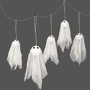 Decor365 Pack of 12 Small Hanging Ghost with White Creep Cloth and Black Eyes for Halloween Party De...
