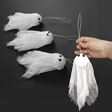 Decor365 Pack of 12 Small Hanging Ghost with White Creep Cloth and Black Eyes for Halloween Party Decoration Home/Yards/Garden/Pub/Classroom/Showcase/Living Room Holiday Party Decor