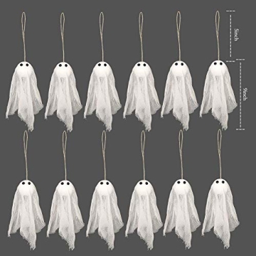 Decor365 Pack of 12 Small Hanging Ghost with White Creep Cloth and Black Eyes for Halloween Party Decoration Home/Yards/Garden/Pub/Classroom/Showcase/Living Room Holiday Party Decor