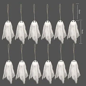 Decor365 Pack of 12 Small Hanging Ghost with White Creep Cloth and Black Eyes for Halloween Party Decoration Home/Yards/Garden/Pub/Classroom/Showcase/Living Room Holiday Party Decor