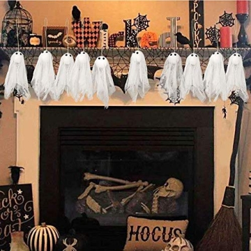 Decor365 Pack of 12 Small Hanging Ghost with White Creep Cloth and Black Eyes for Halloween Party Decoration Home/Yards/Garden/Pub/Classroom/Showcase/Living Room Holiday Party Decor