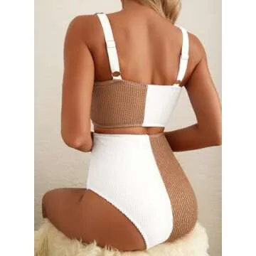 Herseas Women's Colorblock Bikini Sets Scrunch Square Neck Two Piece Swimsuits High Waisted Modest T...