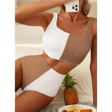 Herseas Women's Colorblock Bikini Sets Scrunch Square Neck Two Piece Swimsuits High Waisted Modest Textured Bathing Suits Large White Brown