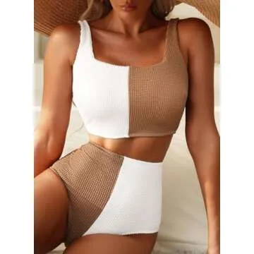 Herseas Women's Colorblock Bikini Sets Scrunch Square Neck Two Piece Swimsuits High Waisted Modest Textured Bathing Suits Large White Brown
