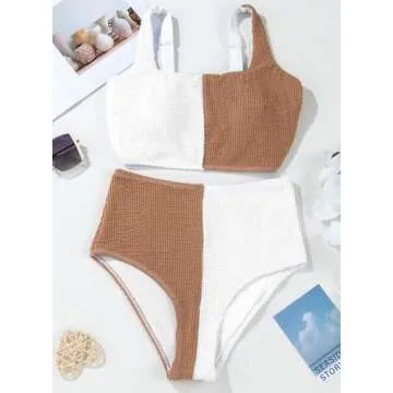 Herseas Women's Colorblock Bikini Sets Scrunch Square Neck Two Piece Swimsuits High Waisted Modest Textured Bathing Suits Large White Brown