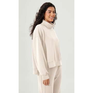 ODODOS Modal Soft Split Hem Turtleneck Sweatshirts for Women Long Sleeve Casual Pullover Top, Ivory, Medium