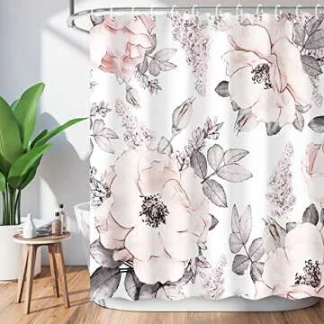 LIVILAN Pink Gray Flower Shower Curtain - Floral Bathroom Decor
