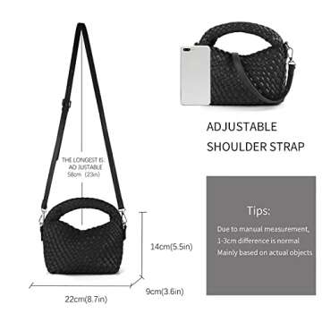 Women Woven Tote Small Crossbody Bag, Weave Quilted Purse Square Shoulder Bag Woven Handbag with Detachable Strap (Black)